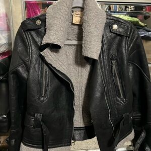 Jou Jou Black and Grey Faux Fur Moto Jacket